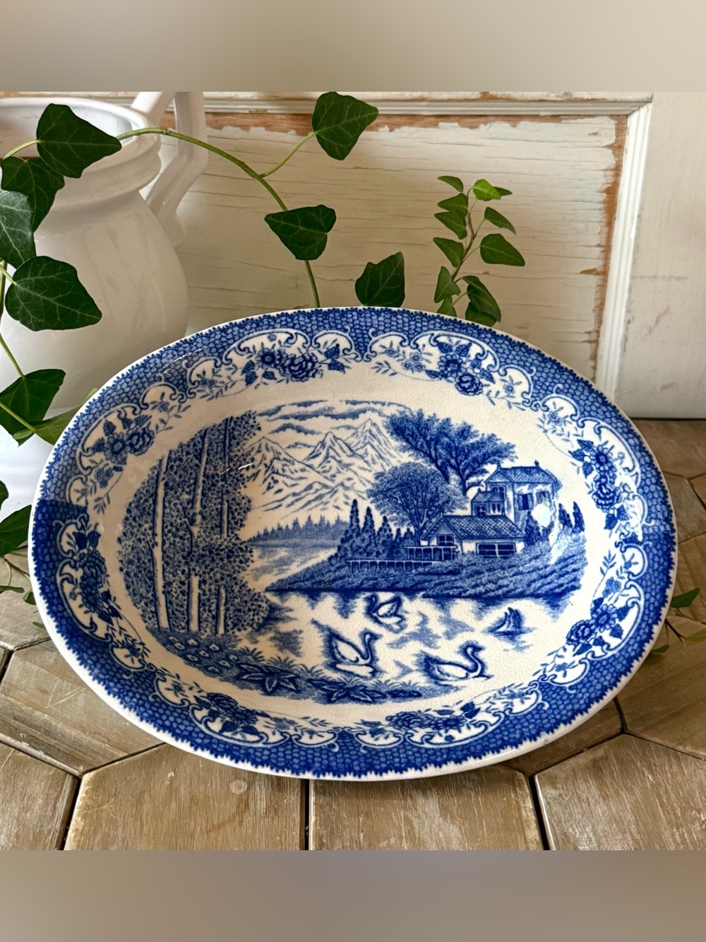Vintage Blue & White Transferware Oval Serving Bowl, 10.5”